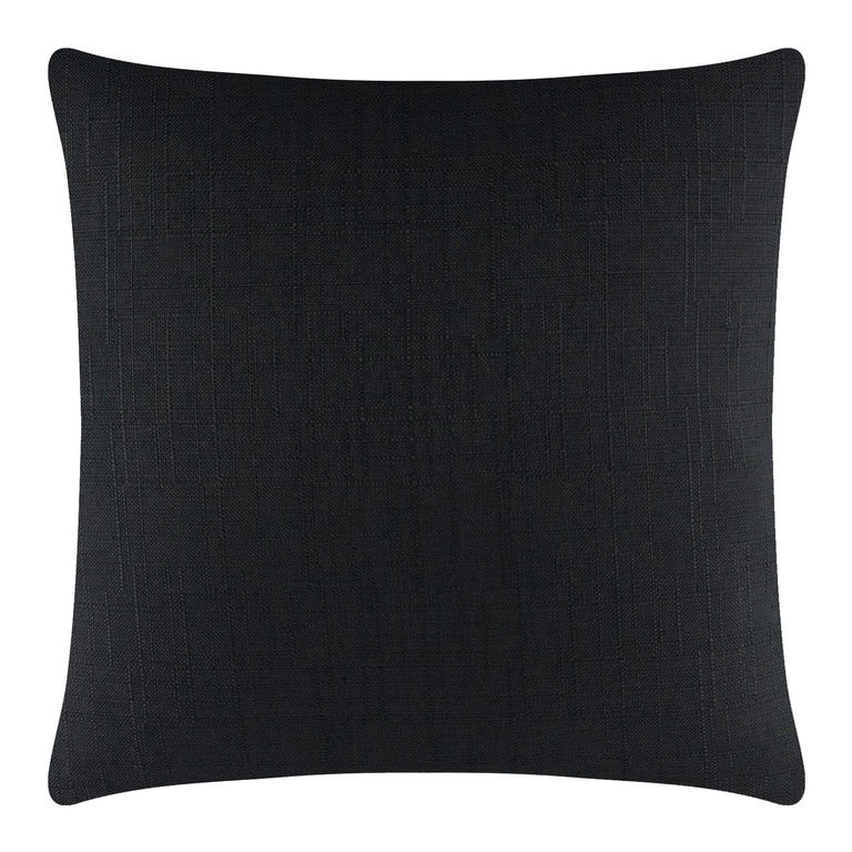 16x16 black woven pillow with a textured surface and rounded corners featuring a concealed metal zipper.