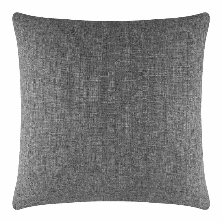 Square pillow in dark gray woven fabric with a subtle texture and a metal zipper on one side.