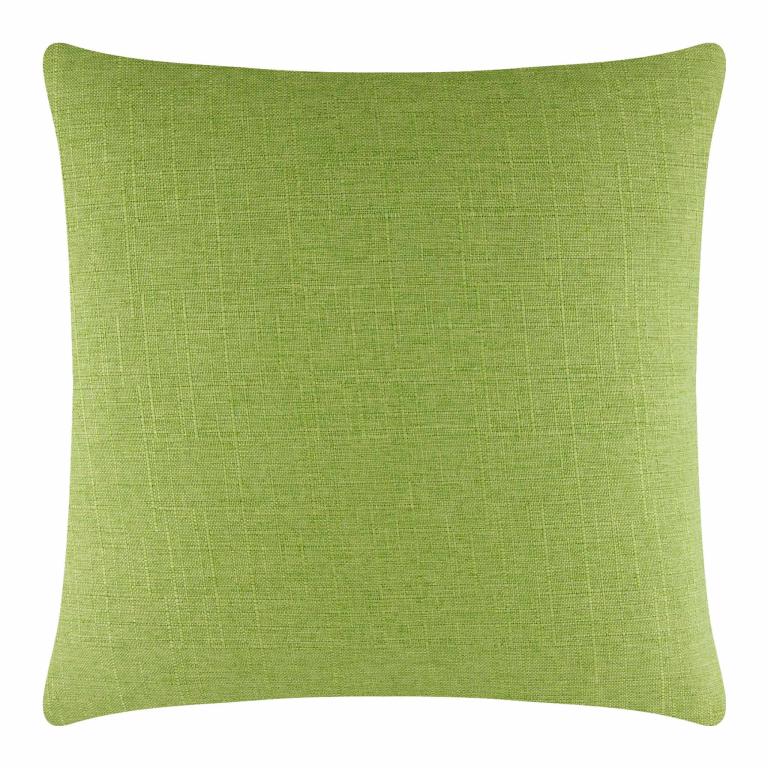 Square pillow in lime green woven fabric with a textured finish and rounded corners.