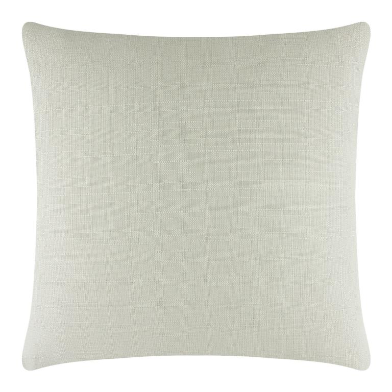 Light green linen pillow with a textured surface and rounded corners featuring a concealed metal zipper.