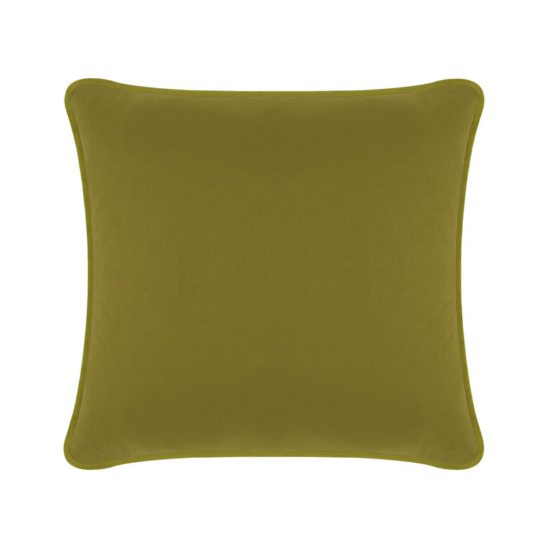 Olive green velvet pillow with a smooth texture and rounded corners.