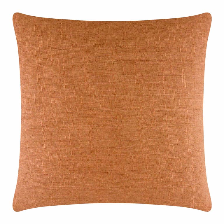 Square pillow in textured orange fabric with a smooth surface and rounded corners featuring a hidden metal zipper.