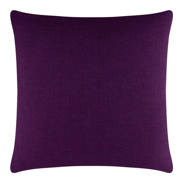 A 16x16 square pillow in deep purple with a textured woven fabric and a concealed metal zipper on one side.