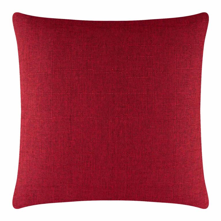 Red woven pillow with a textured surface square shape and rounded corners featuring a concealed metal zipper.