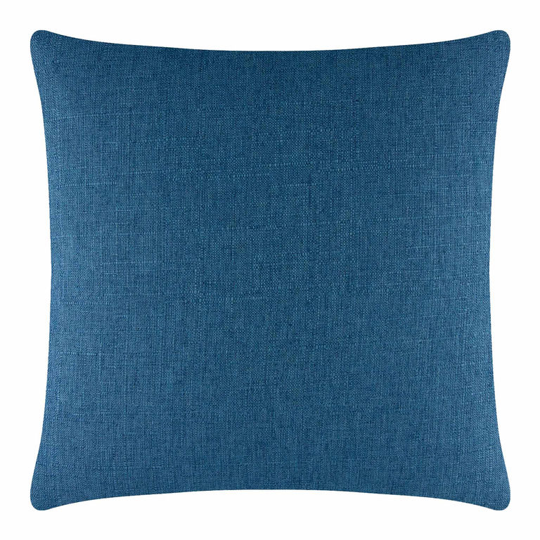 Square pillow in royal blue woven fabric with a smooth texture and rounded corners featuring a metal zipper on one side.