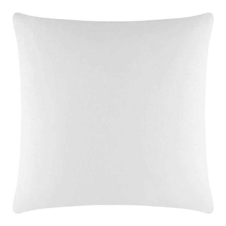 White woven pillow with a textured surface and a metal zipper square shape measuring 16x16 inches.