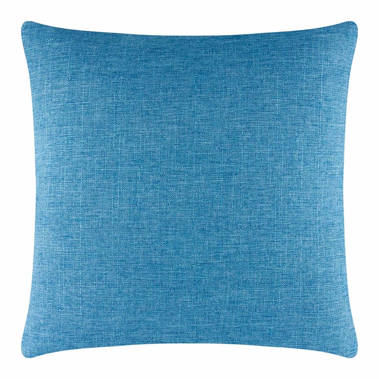 Square pillow in aqua with a textured woven fabric and a metal zipper measuring 20x20 inches.