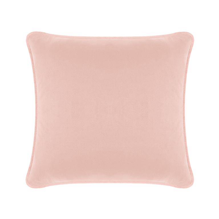 Blush&#x20;pink&#x20;velvet&#x20;square&#x20;pillow&#x20;with&#x20;a&#x20;smooth&#x20;texture&#x20;and&#x20;rounded&#x20;edges.