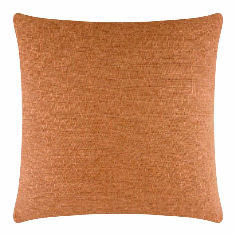 Square pillow in a warm orange woven fabric with a textured surface and rounded corners.