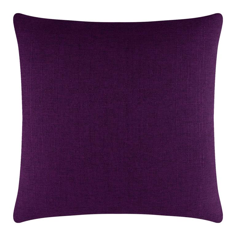 A 20x20 inch square pillow in deep purple with a woven texture and a concealed metal zipper on one side.