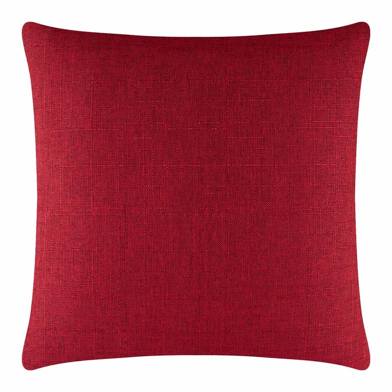 Red woven pillow with a textured fabric square shape and a hidden metal zipper for easy care.