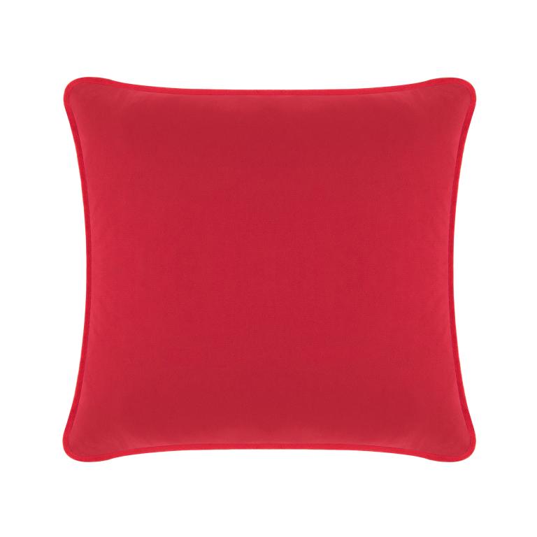 Red velvet pillow with a smooth texture square shape and rounded corners featuring a solid color without embellishments.