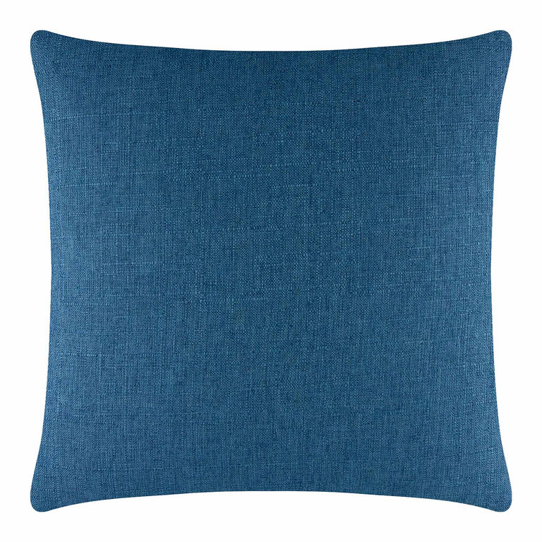 Square pillow in deep teal woven fabric with a textured surface and rounded corners featuring a metal zipper on one side.