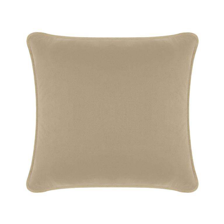 Taupe&#x20;velvet&#x20;square&#x20;pillow&#x20;with&#x20;a&#x20;smooth&#x20;texture&#x20;and&#x20;rounded&#x20;edges.