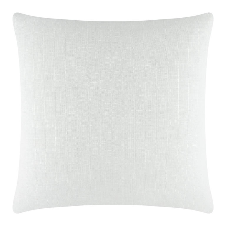 Woven square pillow in soft white with a textured pattern and rounded corners featuring a metal zipper on one side.