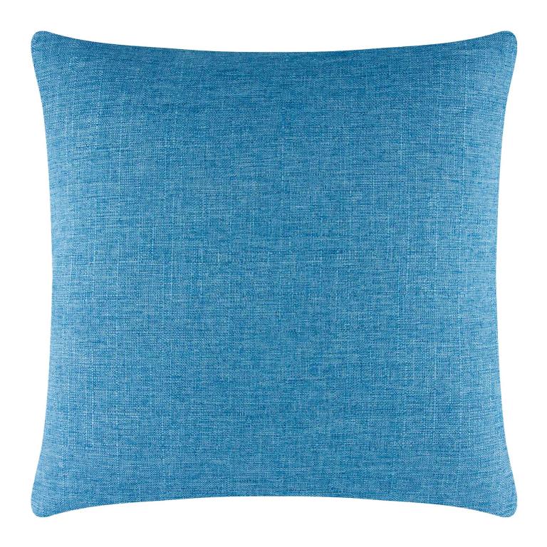 Aqua woven pillow with a textured fabric square shape and rounded corners featuring a hidden metal zipper.