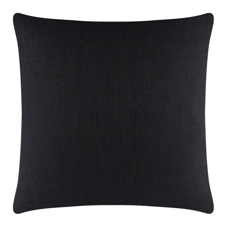 Square pillow in solid black woven fabric with a textured surface and rounded corners.
