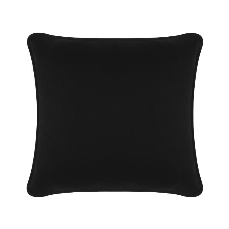 Black velvet square pillow with rounded corners and a smooth texture.