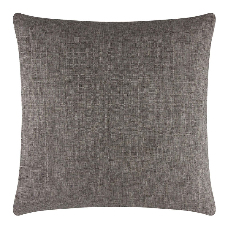 Square pillow in brown woven fabric with a textured surface and a hidden metal zipper.