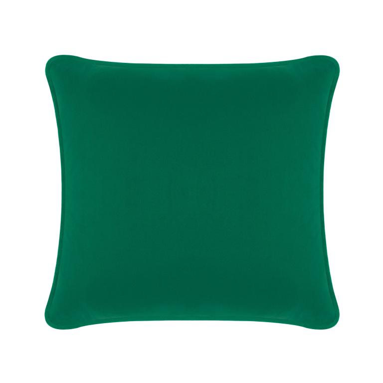 Emerald green velvet pillow with a smooth texture and rounded corners measuring 20x20 inches.