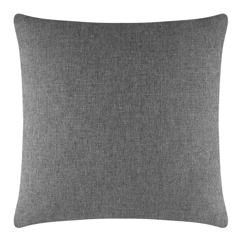 Square pillow in a textured gray fabric with a smooth finish and rounded edges.