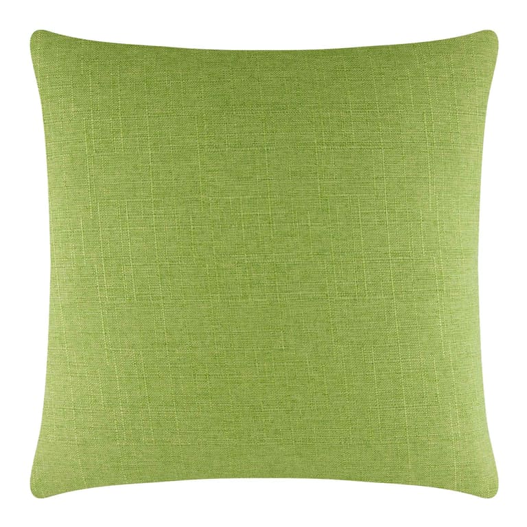 Square pillow in lime green woven fabric with a textured finish and rounded corners.