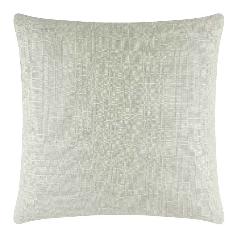 Square pillow in light mint green linen with a textured weave and a metal zipper on one side.