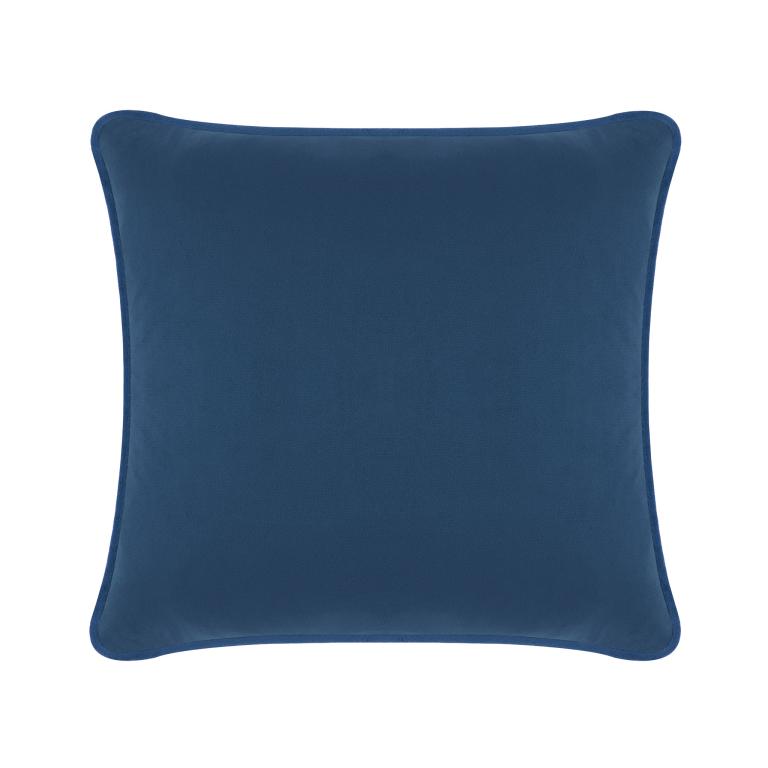 Navy blue velvet square pillow with a smooth texture and rounded edges.