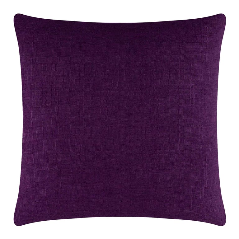 Square pillow in deep purple woven fabric with a textured finish and a hidden metal zipper.