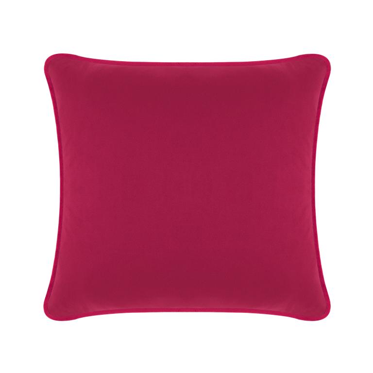 Fuchsia velvet pillow with a smooth texture and rounded edges featuring a solid color without embellishments.