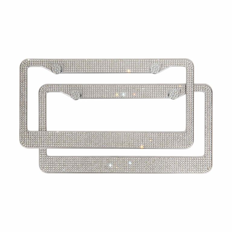 Two&#x20;silver&#x20;stainless&#x20;steel&#x20;license&#x20;plate&#x20;frames&#x20;adorned&#x20;with&#x20;clear&#x20;glass&#x20;rhinestones&#x20;featuring&#x20;a&#x20;textured&#x20;surface&#x20;and&#x20;rounded&#x20;corners.