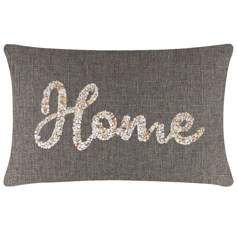 Rectangular&#x20;brown&#x20;pillow&#x20;with&#x20;a&#x20;textured&#x20;fabric&#x20;featuring&#x20;a&#x20;seashell&#x20;design&#x20;spelling&#x20;&quot;Home&quot;&#x20;in&#x20;cream&#x20;and&#x20;beige&#x20;tones.