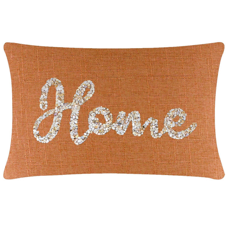 Rectangular&#x20;orange&#x20;pillow&#x20;with&#x20;textured&#x20;fabric&#x20;featuring&#x20;seashells&#x20;forming&#x20;the&#x20;word&#x20;&quot;Home&quot;&#x20;in&#x20;white&#x20;and&#x20;cream&#x20;tones.