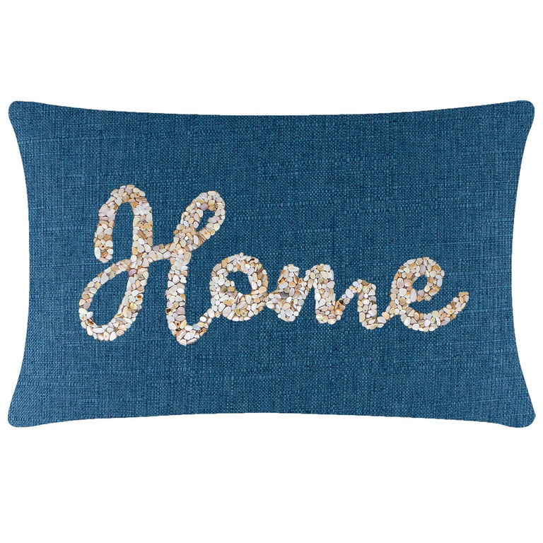 Rectangular pillow with a textured dark teal fabric featuring a seashell "Home" design in cream and beige tones.