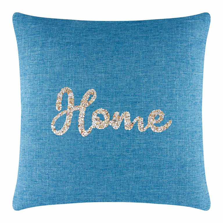 Aqua textured fabric pillow with a seashell "Home" design in beige and cream tones square shape 20x20 inches.
