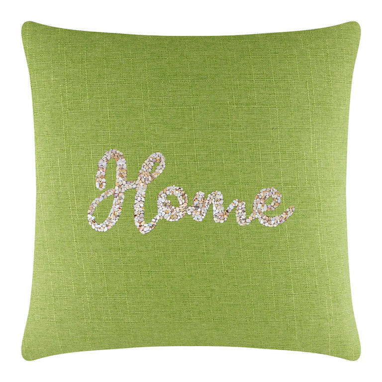 Lime green square pillow with textured fabric and seashell "Home" design in cream and beige embellishments.