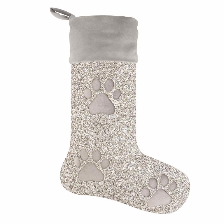 Silver glitter stocking with a soft gray velvet cuff and paw print embellishments on the front.
