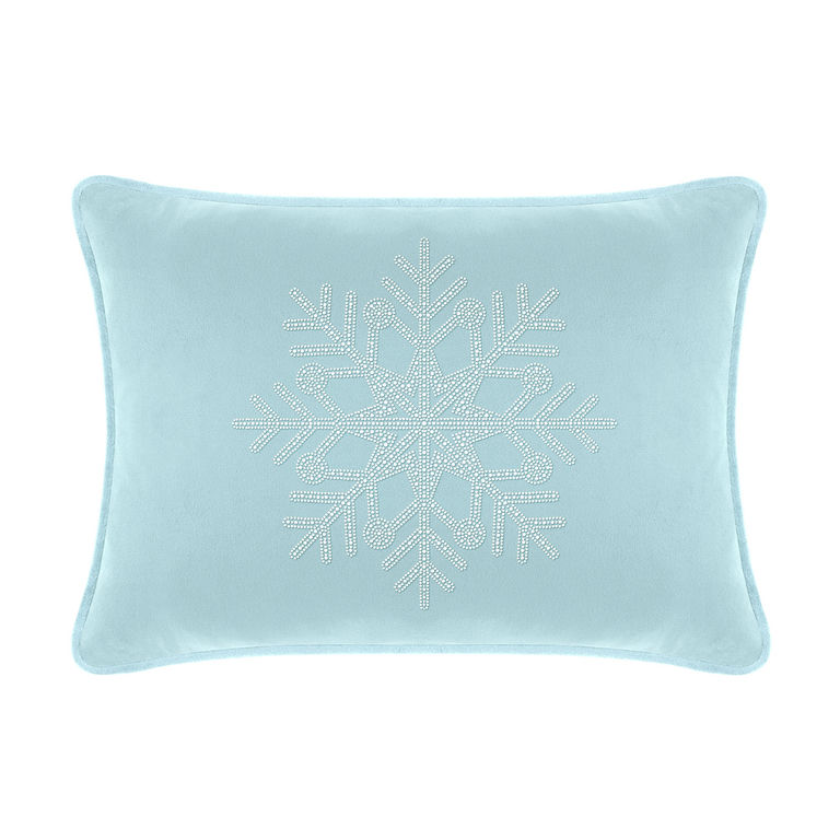 Aqua velvet pillow with a rhinestone snowflake design rectangular shape and piped edges.