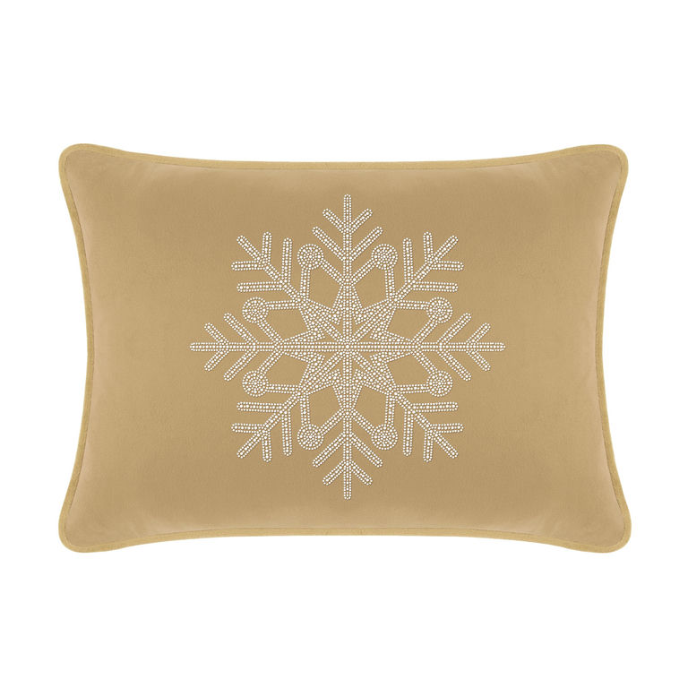 Champagne velvet pillow with a rhinestone snowflake design rectangular shape and soft texture measuring 14x20 inches.
