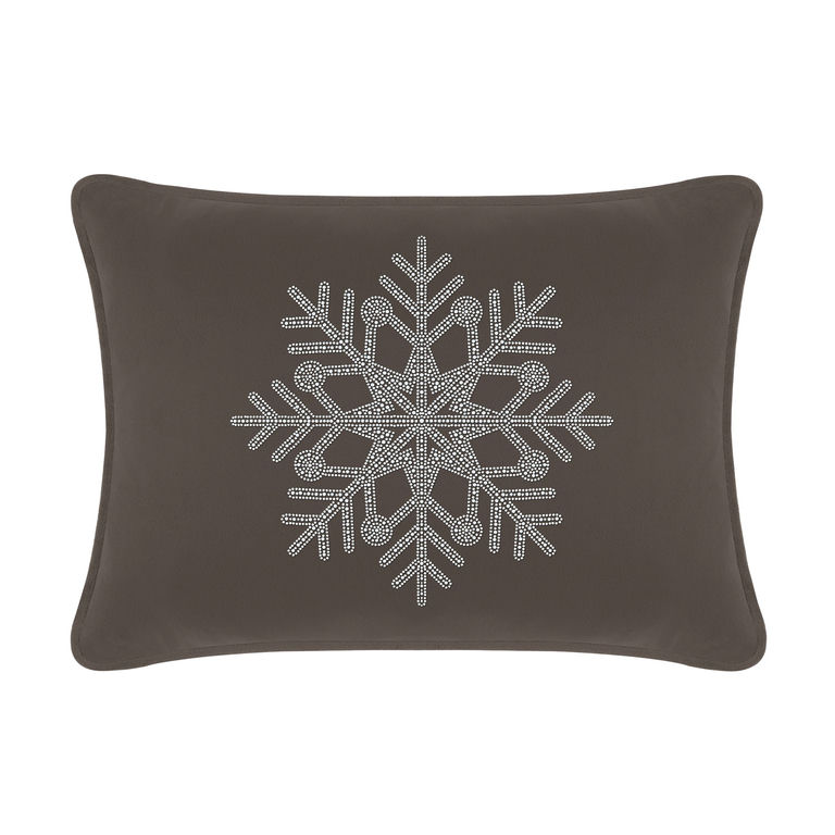 Charcoal&#x20;velvet&#x20;pillow&#x20;featuring&#x20;a&#x20;rhinestone&#x20;snowflake&#x20;design&#x20;rectangular&#x20;shape&#x20;with&#x20;a&#x20;smooth&#x20;texture&#x20;and&#x20;piped&#x20;edges.