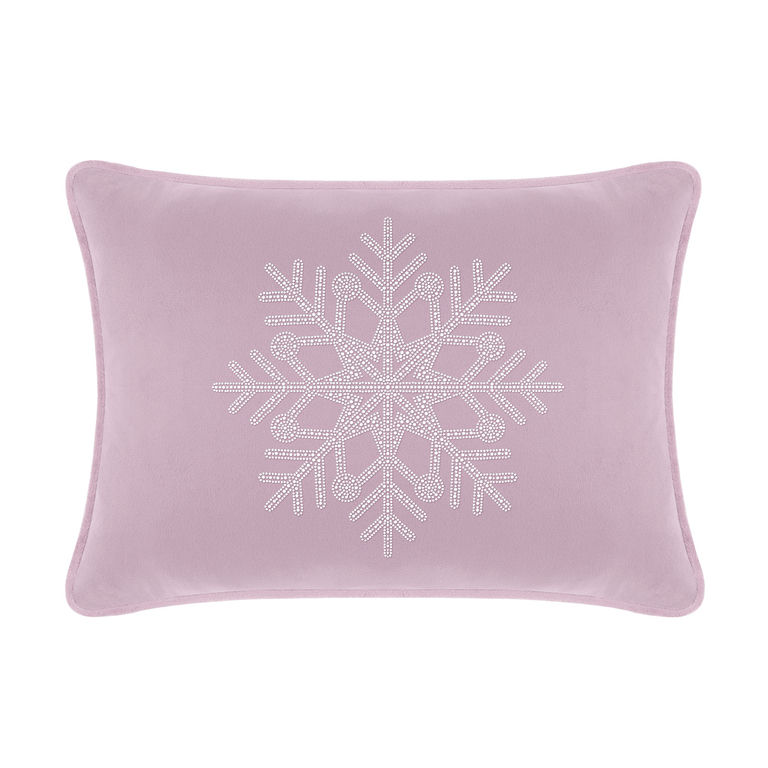 Lavender&#x20;velvet&#x20;pillow&#x20;with&#x20;a&#x20;rhinestone&#x20;snowflake&#x20;design&#x20;rectangular&#x20;shape&#x20;soft&#x20;texture&#x20;and&#x20;piped&#x20;edges.