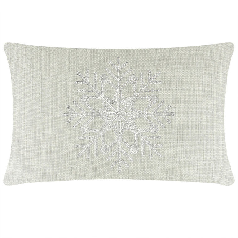 Rectangular linen pillow in light cream with a textured surface and a rhinestone snowflake design in the center.