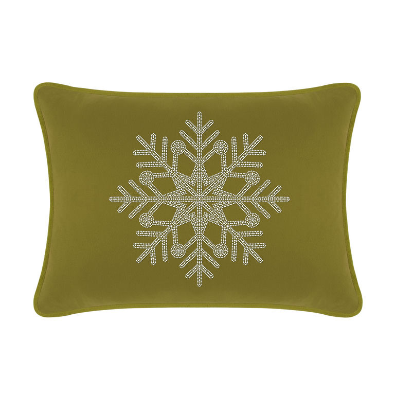 Olive velvet pillow with a rhinestone snowflake design rectangular shape and piped edges.