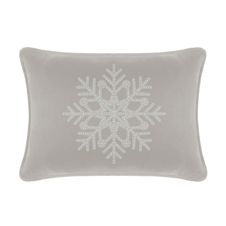 Silver&#x20;velvet&#x20;pillow&#x20;with&#x20;a&#x20;rhinestone&#x20;snowflake&#x20;design&#x20;rectangular&#x20;shape&#x20;soft&#x20;texture&#x20;and&#x20;piped&#x20;edges.