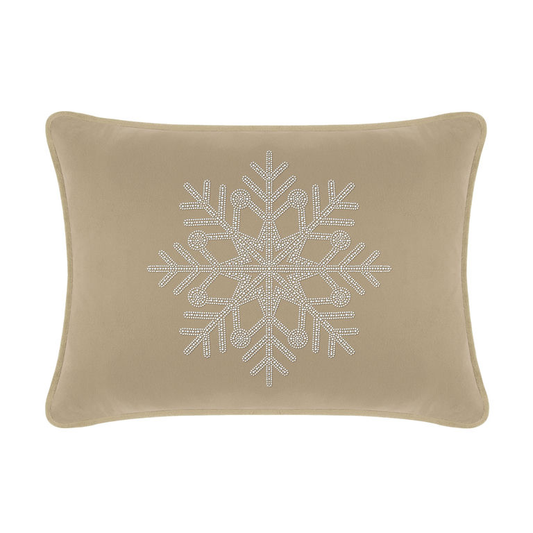 Taupe velvet pillow featuring a rhinestone snowflake design with intricate details and a smooth texture.