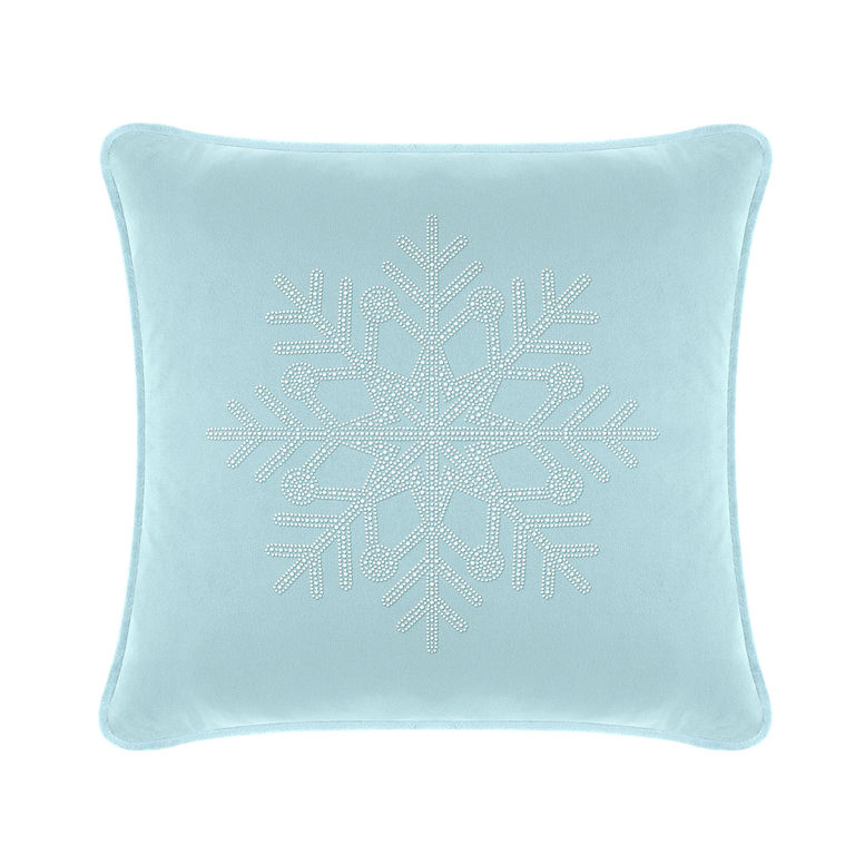 Aqua velvet pillow with a rhinestone snowflake design square shape 16x16 inches soft texture and rounded edges.
