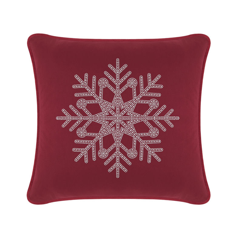 Burgundy velvet pillow with a rhinestone snowflake design featuring a square shape and smooth texture.