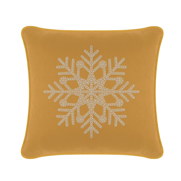Gold velvet pillow featuring a rhinestone snowflake design square shape with smooth texture and contrasting embellishments.