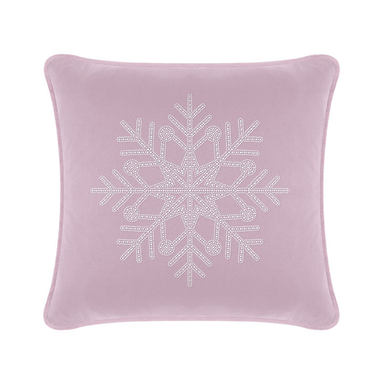 Lavender velvet pillow with a rhinestone snowflake design in the center square shape soft texture.