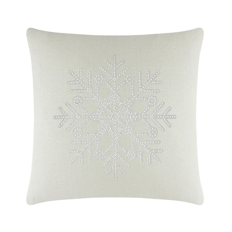 Square linen pillow in soft white with a rhinestone snowflake design in the center.